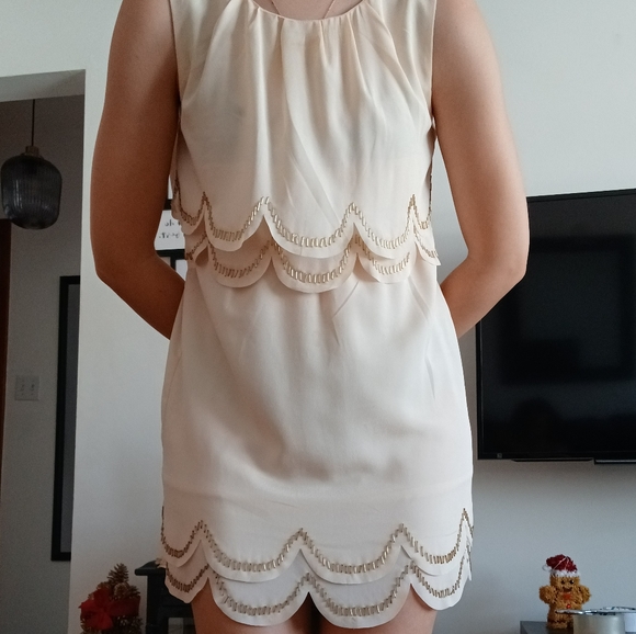 ⚡SALE⚡Ivory Shift Dress w/ Gold Beading - Picture 4 of 12